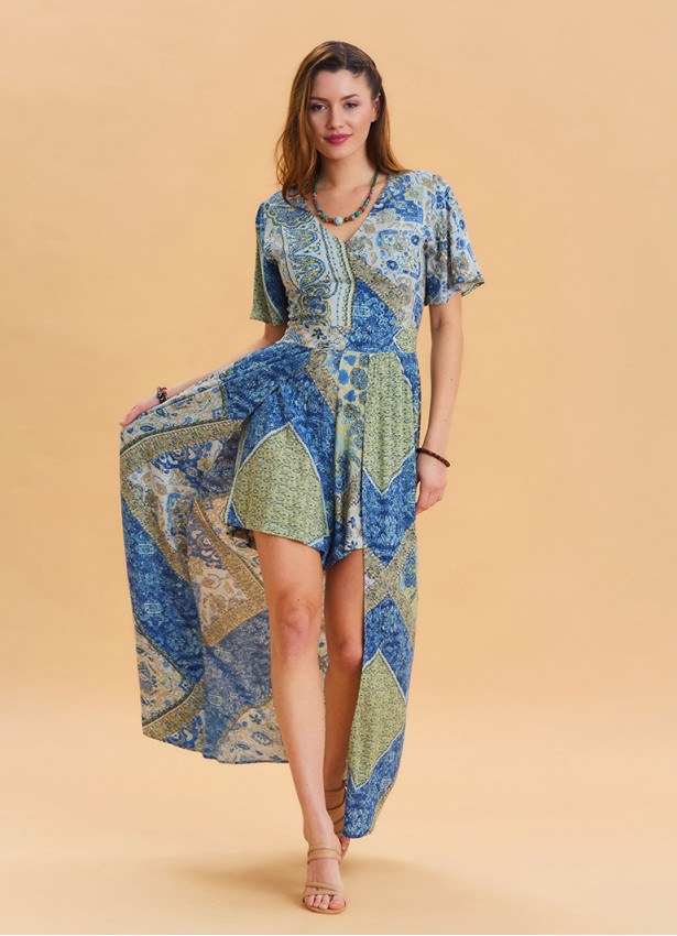Blue Women's Ethnic Jumpsuit with Flounce Sleeves and Shorts Detail 4489